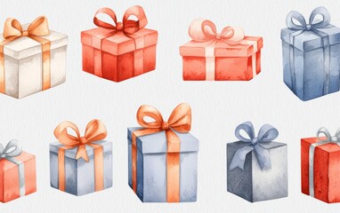 Watercolor collection of festive gift boxes in various sizes and colors, tied with ribbons and bows, perfect for holiday decor, celebration designs, or gift-related branding