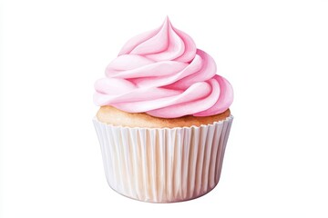 Watercolor cupcake with pastel pink frosting, charming bakery treat, ideal for confectionery packaging or cute party invitations