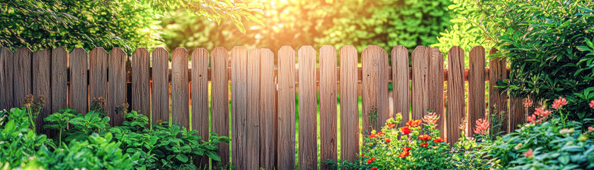 Tranquil Rustic Charm Wooden Fence in a Vibrant Garden Oasis