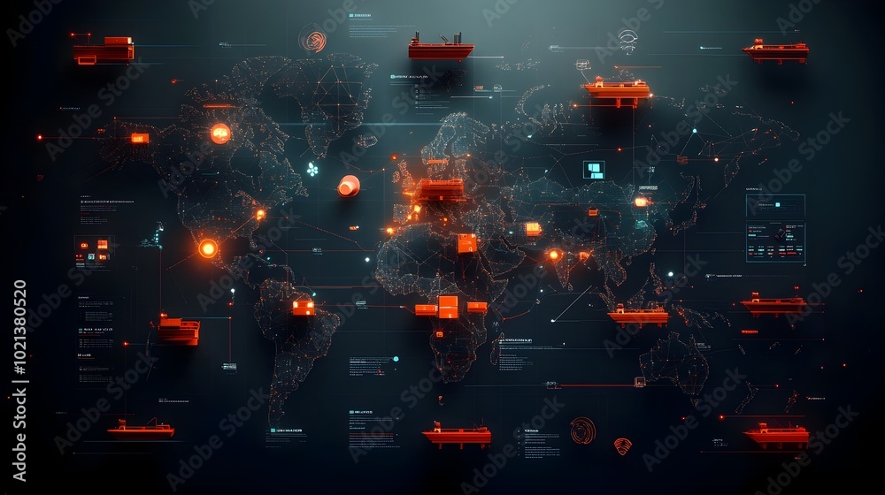 Poster futuristic ai powered global logistics network with intricate data visualization of optimized supply
