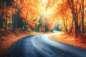 Obraz premium Autumn Serenity Cinematic Drive Through Colorful Forest with Majestic Mountains in the Background