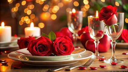 A romantic dinner table setting with red roses, candles, and wine glasses on a wooden table with scattered rose petals