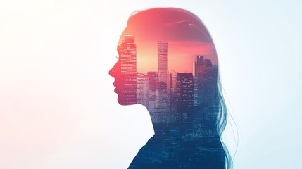 Silhouette of a woman with a cityscape overlay, representing urban life and emotions.