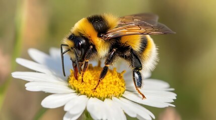 A close-up of a bumblebee collecting pollen from a daisy flower.