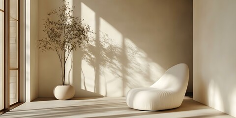 Fototapeta premium Minimalist Interior Design with White Chair and Dried Branches in a Pot