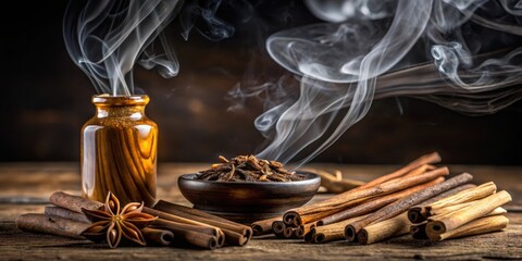 Aromatic Cinnamon Sticks and Star Anise with Smoke Rising from a Bowl of Ground Spice