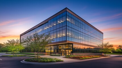 Fototapeta premium Modern Office Building Glass Facade Homestaging Visualization Real Estate Exterior AI Blue