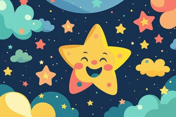 Cute cartoon star with happy face in night sky