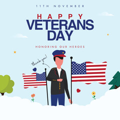 Veterans Day. 11th November Happy Veterans day celebration banner with American flags, army officer. The day honour veterans of the armed forces, those killed in the country wars. Remembering world 1.