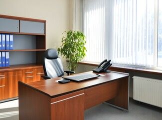 Modern Office Interior Design With Desk, Chair and Plant