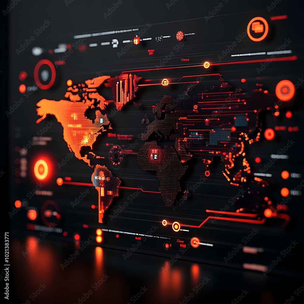 Poster cutting edge integrated logistics system with abstract world map and dynamic data visualizations of 