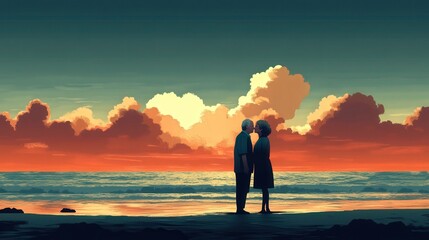 Fototapeta premium Serene Affection - Minimalist Anime Vector of Elderly Couple Kissing on Beach, Embracing Love and Romance with Clean Lines and Playful Colors