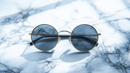 A pair of sunglasses with a gold frame and a black band