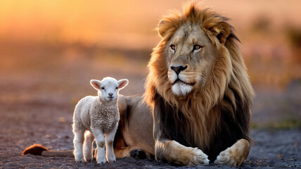 Obraz premium Majestic Lion and Lamb Peaceful Wildlife Photography