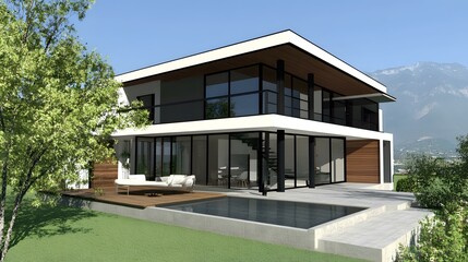 Modern House Design with Swimming Pool and Mountain View
