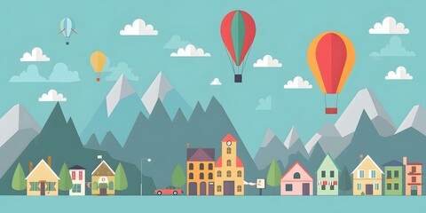 Fototapeta premium Flat Design Illustration of a Small Town with Hot Air Balloons