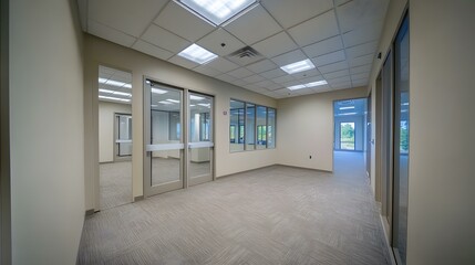 Modern Office Corridor Interior Design with Glass Doors and Windows