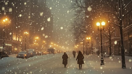 cinematic view of a Moscow street at night with heavy snowfall, people walking in warm clothing under the glowing lanterns, capturing the magic and intensity of winter in the city