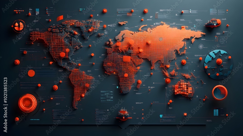 Poster futuristic global logistics network with intricate world map displaying real time supply chain data 
