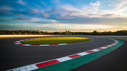 Naklejka premium Race Track Corner with Green Grass and Cloudy Sky