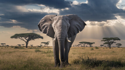 Fototapeta premium Majestic African Elephant in Savanna Landscape with Dramatic Sky