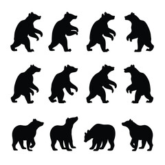 Bear Silhouette Vector Set,  Animal Outline, Wildlife Bear Group, Bear, Bird Collection, Design. Group Of Bear Animal Of Forest Or Animal Set.
