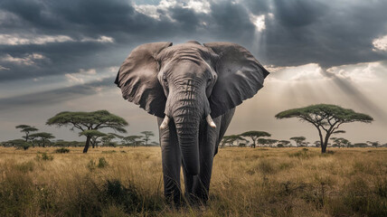 Obraz premium African Elephant in Savanna Grassland with Dramatic Sky