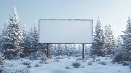 Blank white mock up large billboard sign winter tree farm snow Christmas advertising board template marketing scenic roadside signage rustic forest peaceful empty design promotional media xmas ad one