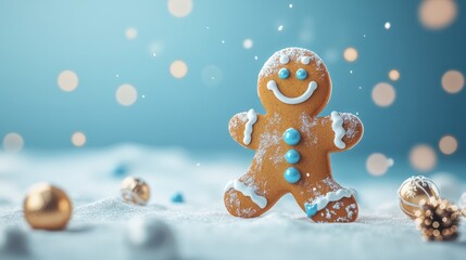 Blue New Year advertising background. Festive decor. Winter holidays traditional bakery food. Gingerbread cookie minimal composition isolated on light copy space.