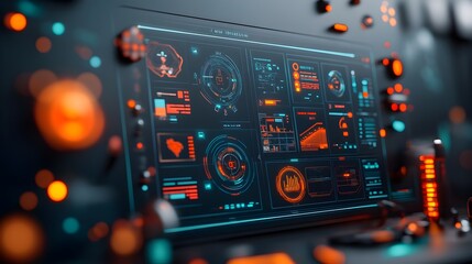 Obraz premium Futuristic control center with holographic displays and complex data visualizations overseeing the seamless of international delivery container shipments and worldwide trade flows A sleek minimalist