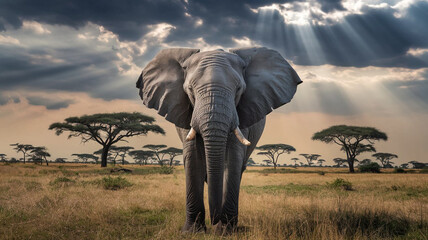 Obraz premium African Elephant in Savanna Grassland Under Dramatic Sky
