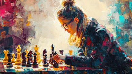 A female grandmaster who sacrificed her queen in a chess match. collorfull, rough painting in oil painting style