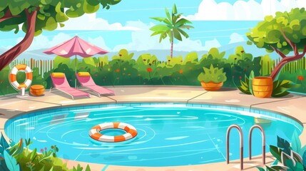 Summer Pool Party Illustration with Palm Tree Pool Floats and Loungers