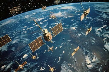 An array of satellites orbiting the Earth, symbolizing global communication