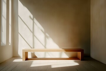 Fototapeta premium Minimalist Wooden Bench In A Room With Light And Shadows