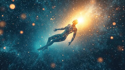 Obraz premium A figure floating peacefully in a soft, dark void, surrounded by shimmering light and hypnotic patterns. Each part of their body glows gently, 