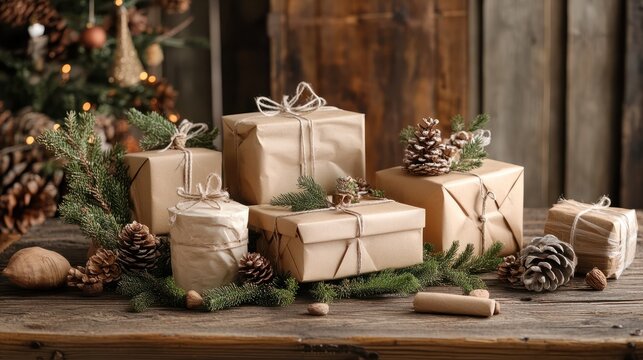 Christmas and zero waste, eco friendly packaging gifts in kraft paper on a wooden table, eco christmas holiday concept, eco decor banner