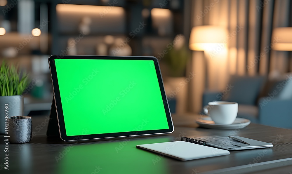Aufkleber a modern workspace featuring a tablet with a green screen, a notebook, a cup, and decorative plants,