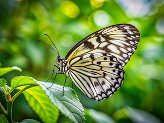 Elegant White and Black Spotted Butterfly Resting on Leaf in Natural Green Environment
