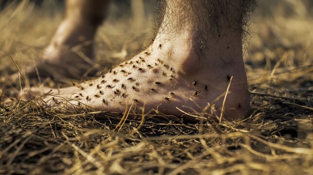 Flea Bite on Caucasian Man Leg. Several Bug Bites on Dry Skin Background