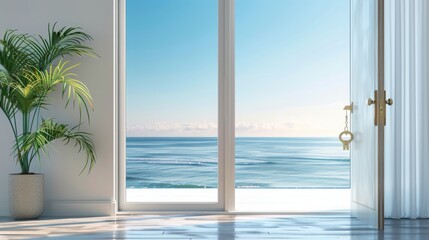 Open Door to Ocean View with Palm Tree and Key