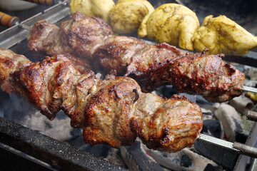 Shish kebabs broils in barbecue. Delicious hot kebabs. Meat are cooked