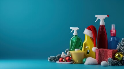 Christmas cleaning concept. Various bottles, equipment, and accessories, gloves for cleaning with christmas decor and santa hat copy space. Cleaning service advertising mockup background