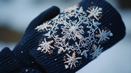 Macro shot of snowflakes on a woolen glove in the snow
