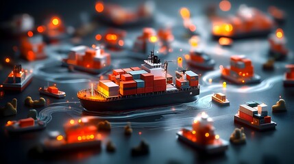Naklejka premium Innovative AI powered global logistics network with advanced data visualization of worldwide supply chain and complex algorithm driven container ship dynamic futuristic atmosphere