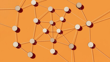Abstract Network Connection   Interconnected Wooden Circles on Orange Background