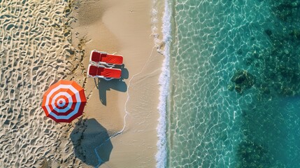 Obraz premium Beach Umbrella Loungers Sandy Shore Turquoise Water