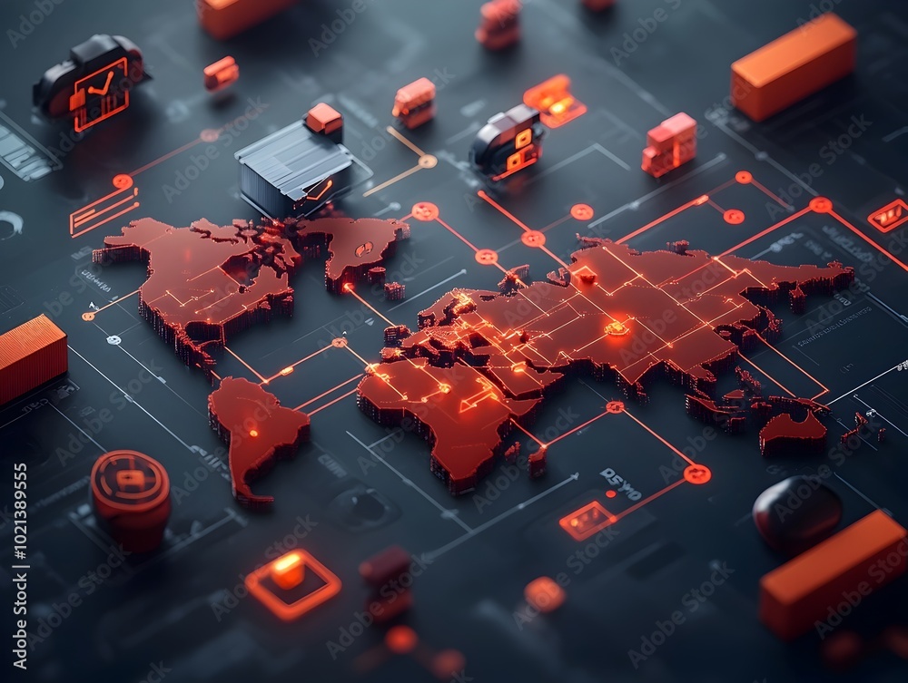 Poster aerial view of a worldwide logistics system with advanced tracking software monitoring container shi