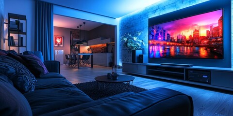 A high-tech modern living room with a large wall-mounted TV, sleek black furniture, and smart lighting, giving a futuristic vibe in a wide-angle panorama