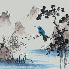 Hummingbird watercolor flowers and in flight. Traditional oriental ink painting vector